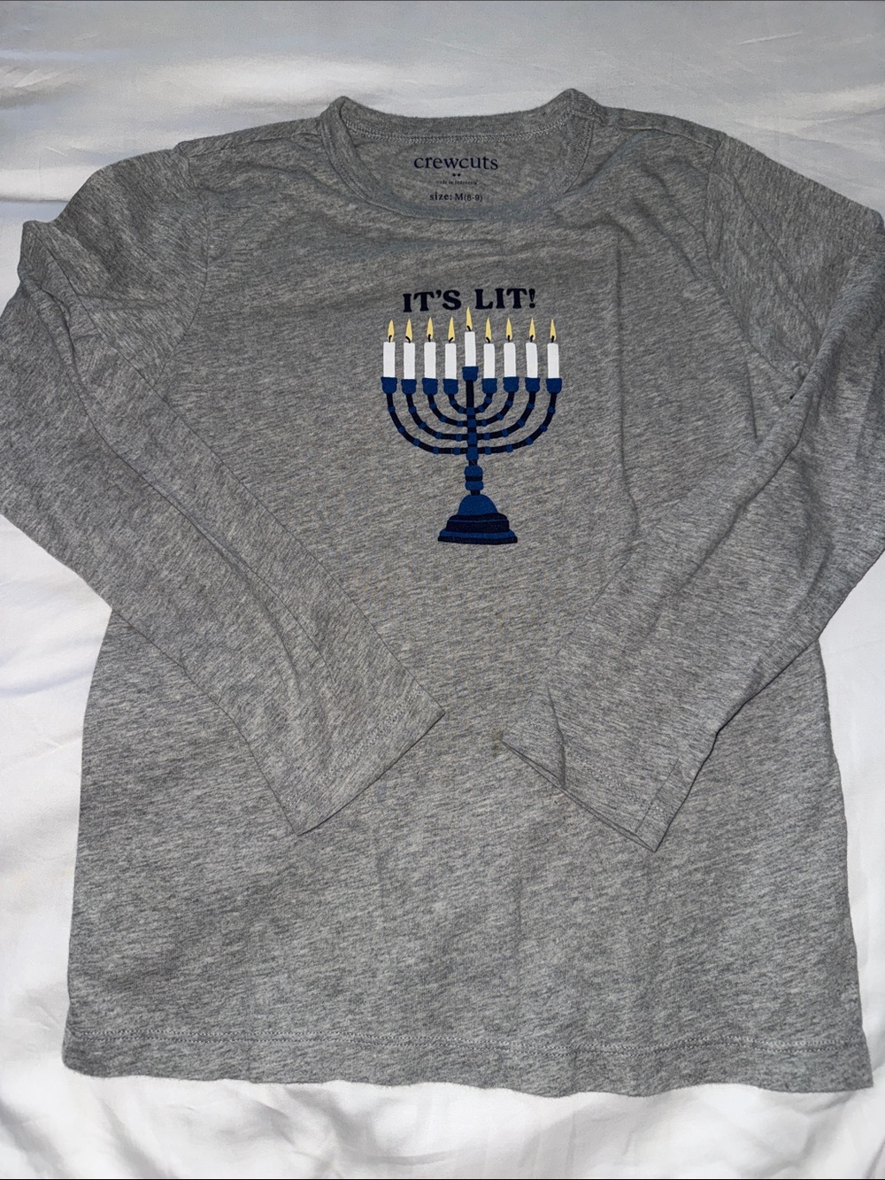 Crewcuts Gray Long-Sleeve Top with Navy Menorah and 'It's Lit!' Text Size 8-9